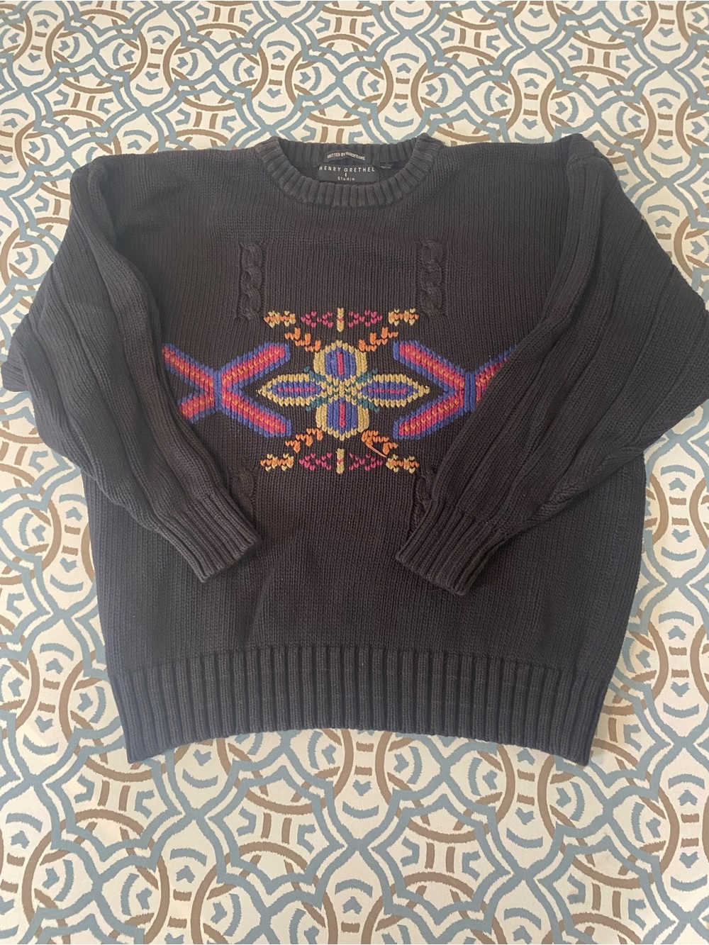 Vintage Henry Grethel studio Sweater with Colorful Geometric Embroidery